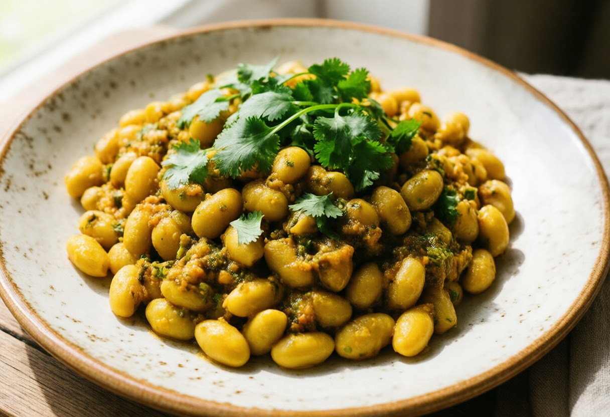 Massa com favas e coentros do dia
